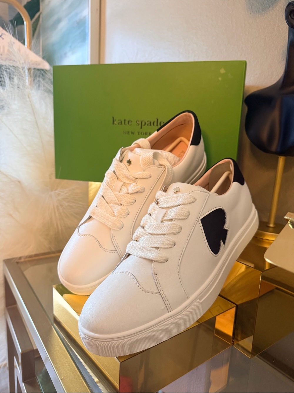 🌹 kate spade White Leather Sneakers with Black Spade Detail